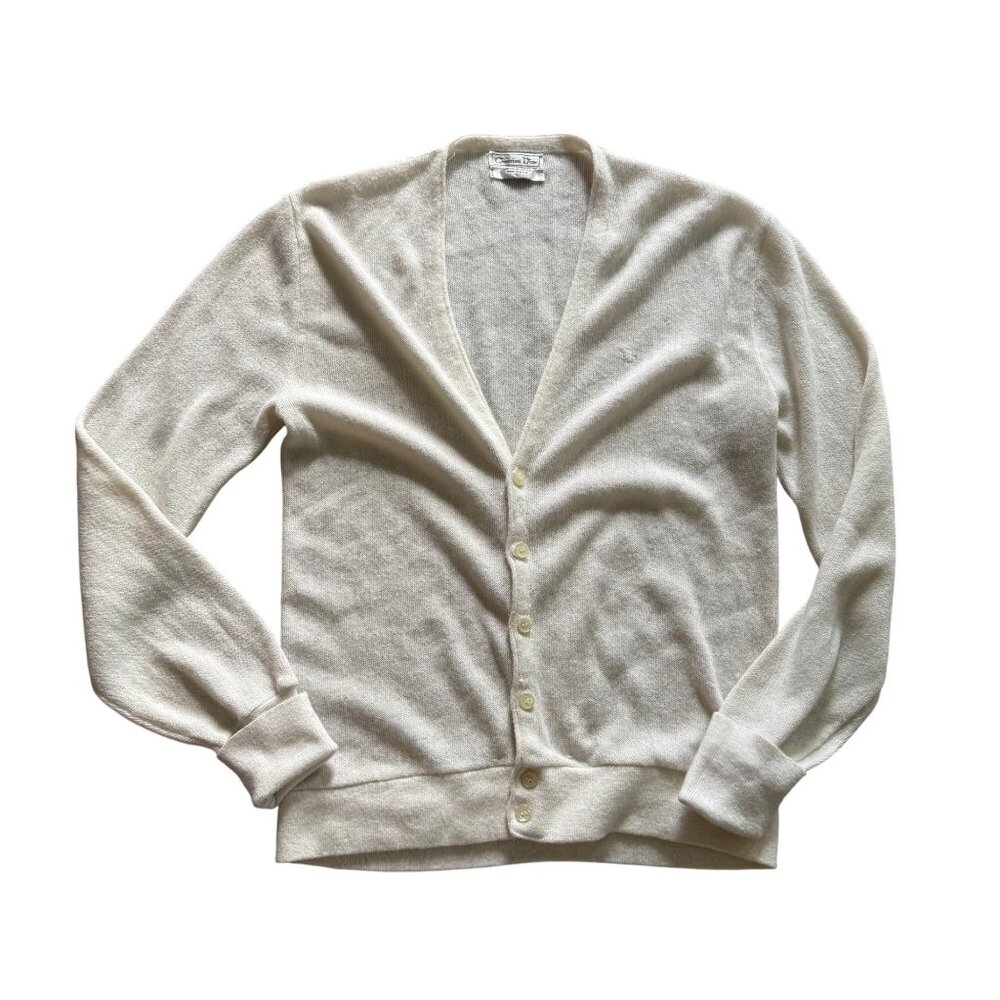 Christian Dior Mens Large Vintage Ivory Button-Up Cardigan Sweater Acrylic Blend